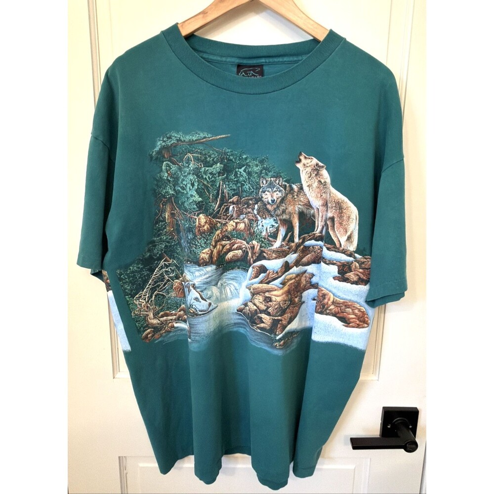 Vtg 90s Wolf Double Sided Graphic Single Stitch Green XL 100% Cotton T Shirt USA